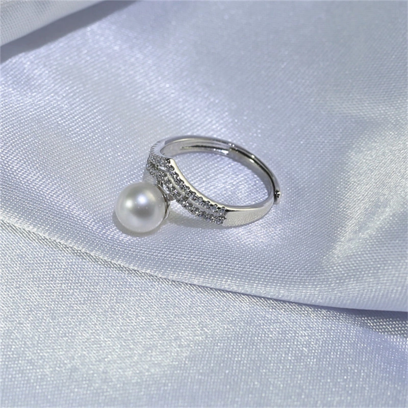 925 Sterling Silver Adjustable Zircon Freshwater Wedding Bridal Pearl Rings for Women