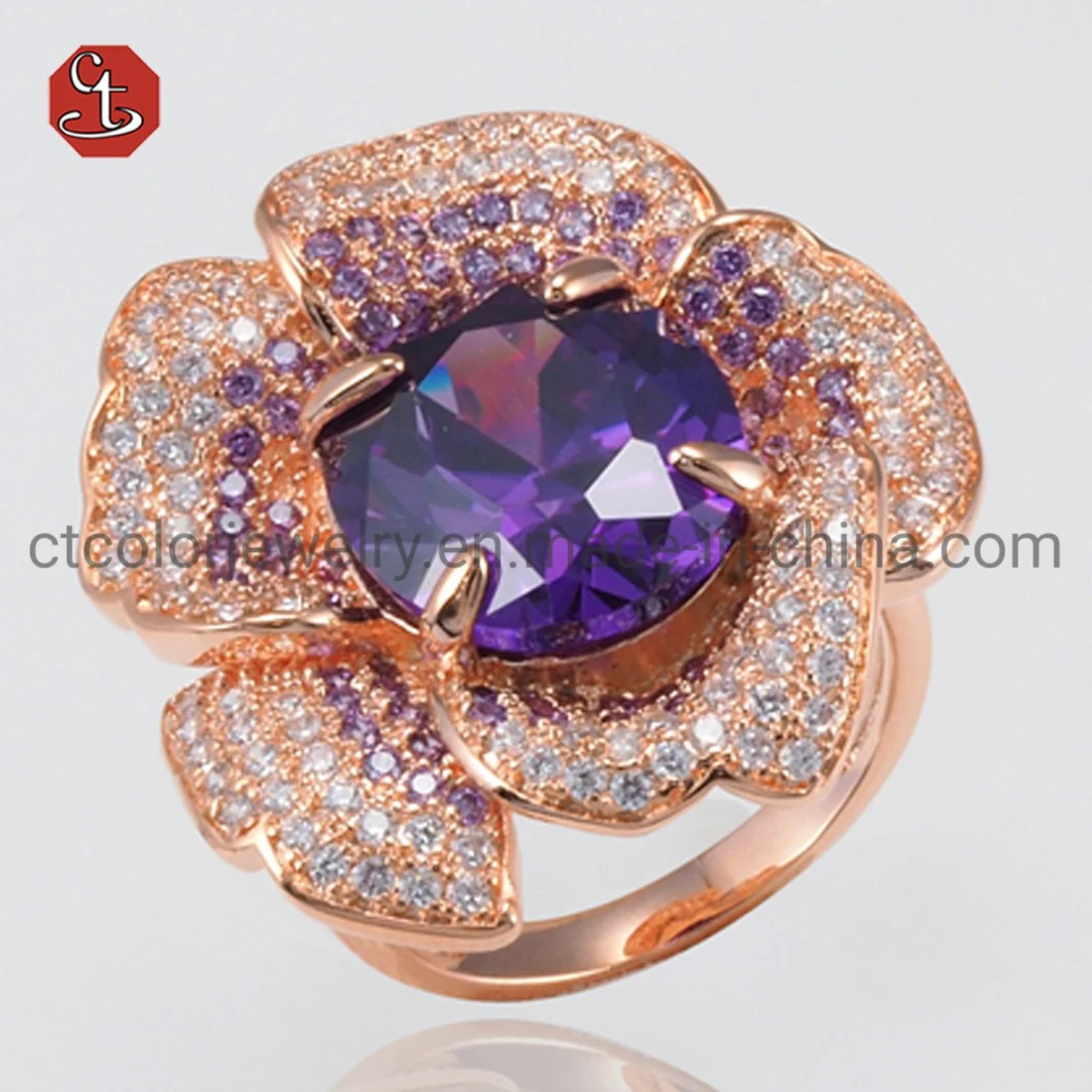 Luxury Gemstone Jewellery Rose Gold Flower Silver Amethyst/Ruby Ring