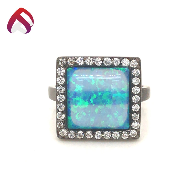 Charm Big Square Blue Fire Opal Rings for Women Vintage Fashion Black Gold Ring