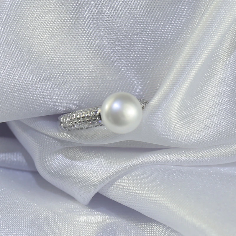 Wholesale Freshwater White Pearl Rings 9.5-10mm 3A Button Real Freshwater Pearl Ring