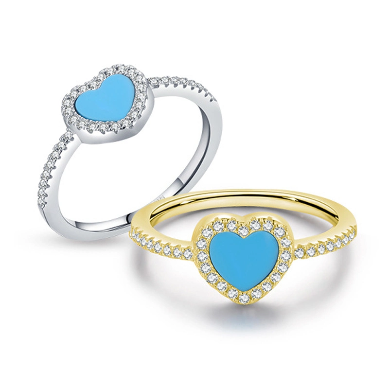 OEM Fashion Jewelry with Heart Turquoise Cubic Zirconia 18K Gold Plating 925 Silver Ring Valentine Gift Jewellery Ring for Women