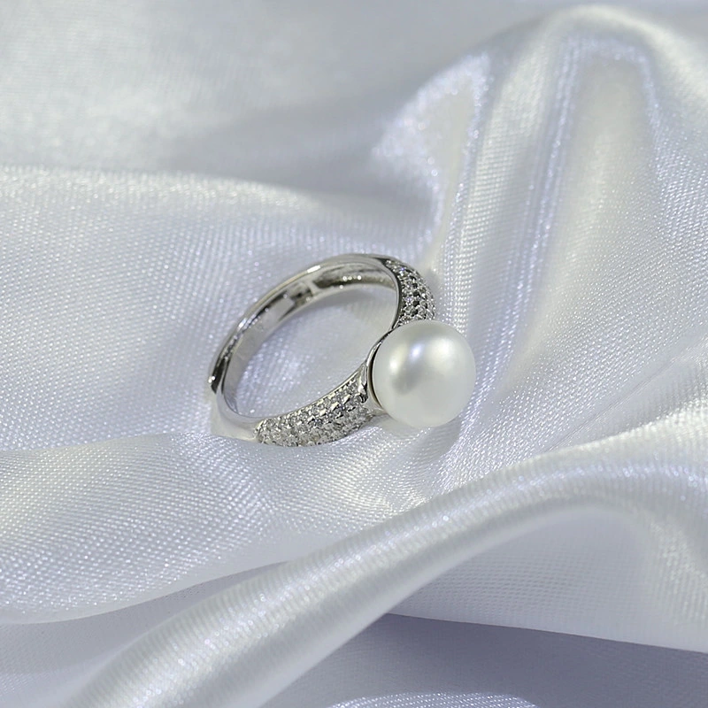 Wholesale Freshwater White Pearl Rings 9.5-10mm 3A Button Real Freshwater Pearl Ring