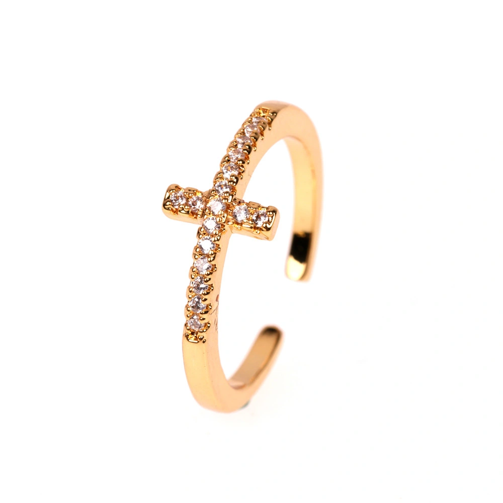 Fashion Jewelry Copper 18K Gold Plating Cubic Zirconia Pave Cross Ring for Girls