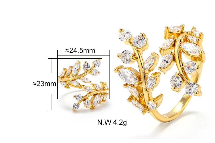 Elegant Spring Leaves Rings 18K Gold Plated CZ Pave Wedding Rings