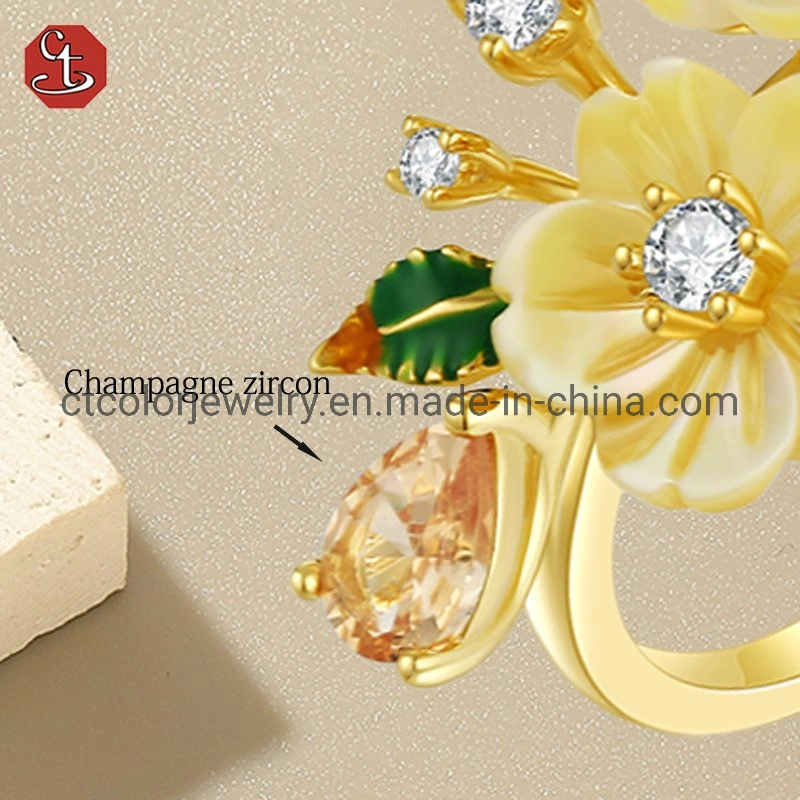 Fashion beautiful shell flower jewelry elegant gold flower zirconia ring for accessories