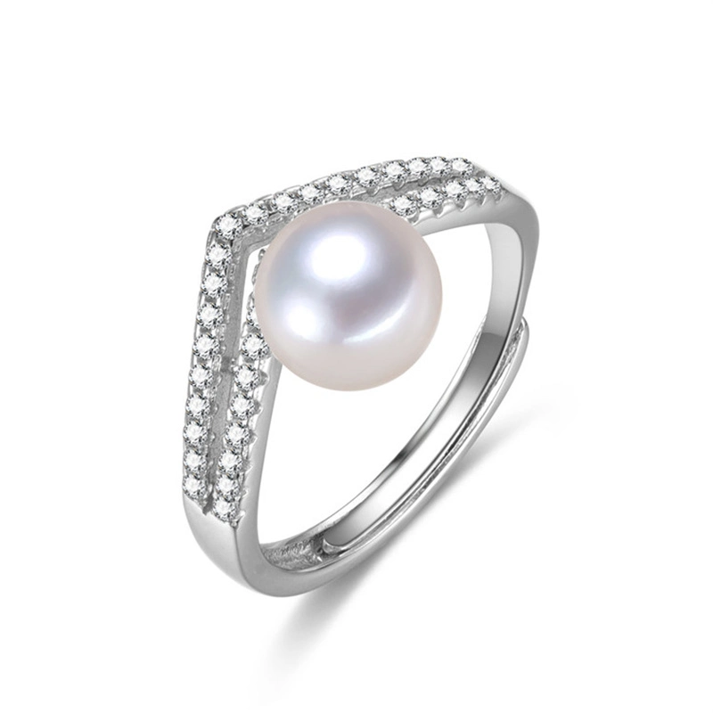 925 Sterling Silver Adjustable Zircon Freshwater Wedding Bridal Pearl Rings for Women