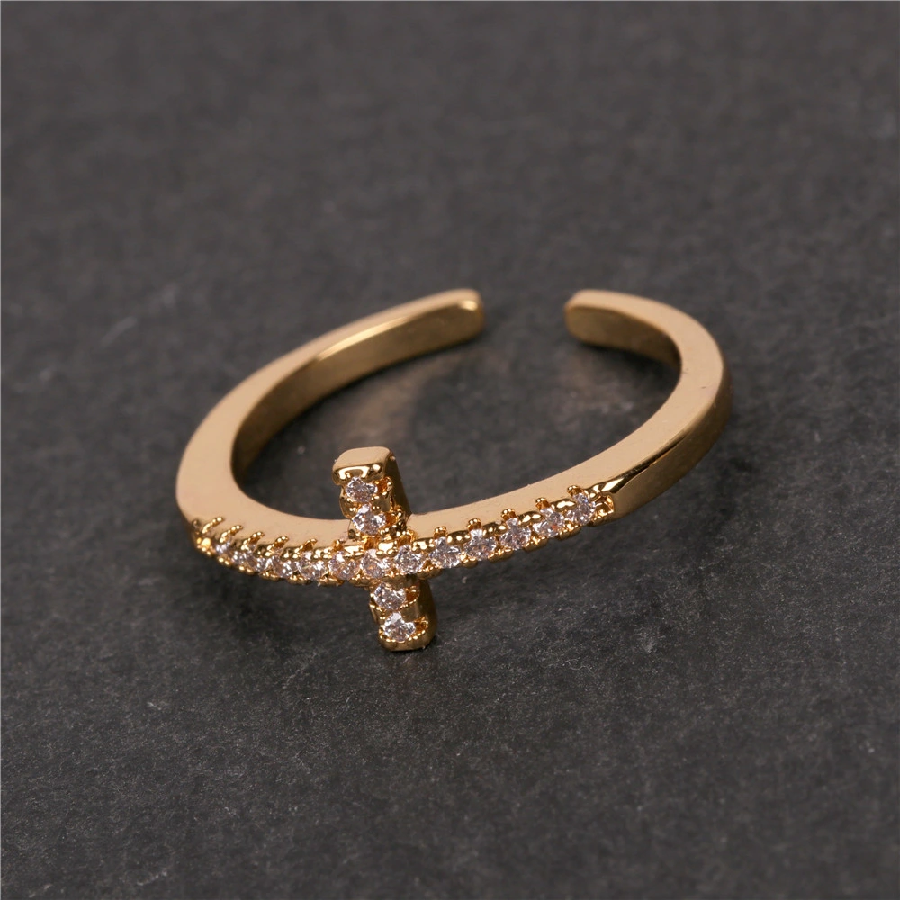 Fashion Jewelry Copper 18K Gold Plating Cubic Zirconia Pave Cross Ring for Girls